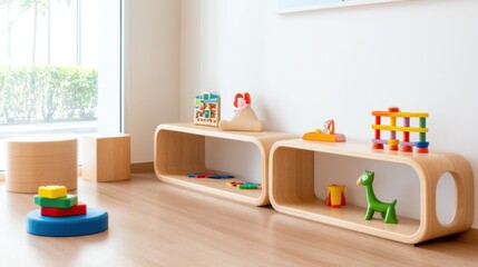 Modern Playroom with Colorful Toys and Wooden Furniture