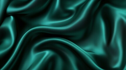 Obraz premium Abstract emerald dark green silky wavy smooth fabric material background. Horizontal (16:9)