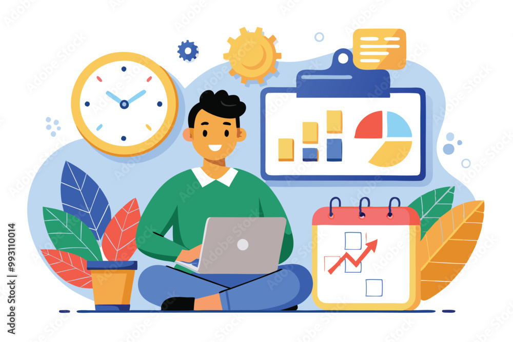 Poster a data analyst sits cross-legged with a laptop, surrounded by a calendar, clock, and charts to organ