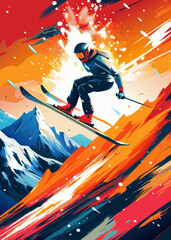 Dynamic Snowboarder Mid-Jump Against a Vibrant Mountain Backdrop