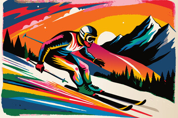 Dynamic Alpine Ski Racer Descending Mountain Slope at Sunset