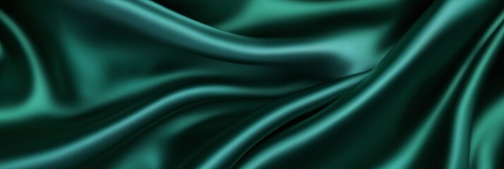 Abstract emerald dark green silky wavy smooth fabric material background. Panoramic (3:1)