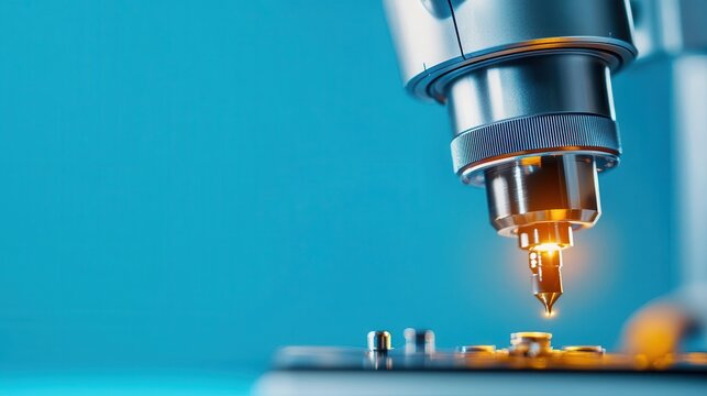 Close-up of semiconductor testing under blue light, quality assurance, semiconductor technology, testing process