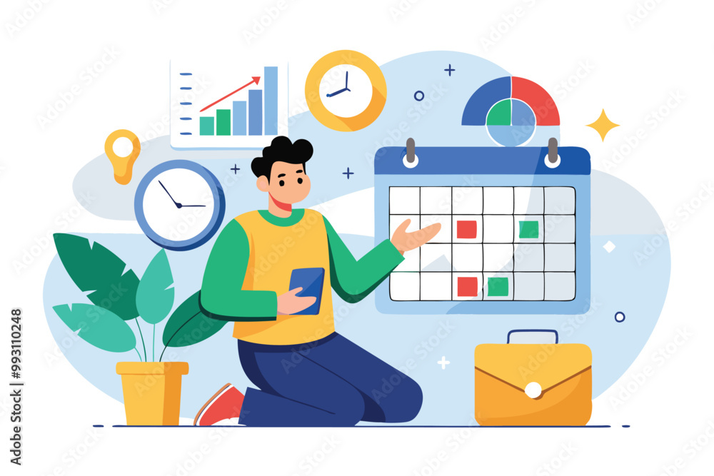 Poster a data analyst assesses a calendar and clock, focusing on task management and time organization at w