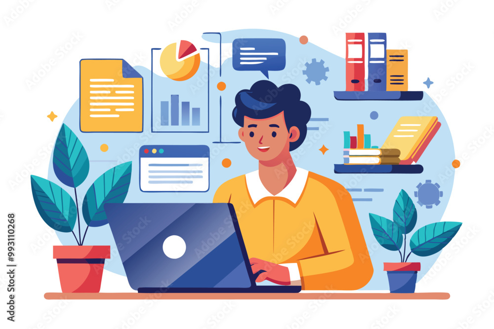 Poster a data analyst reviews documents and charts while working on a laptop surrounded by plants and books