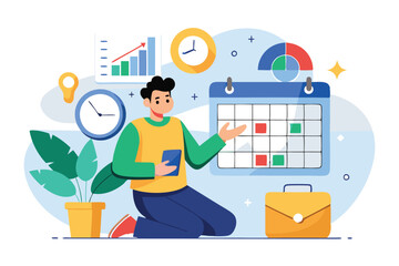 A data analyst assesses a calendar and clock, focusing on task management and time organization at work, Data analyst with calendar and clock, simple illustration