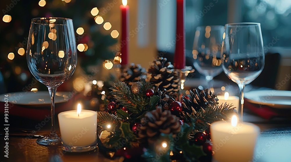 Poster a close-up of a table with a lit candle and a pine cone place setting