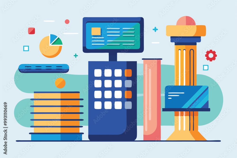 Poster a calculator and various data visualization elements depict financial analysis in a digital workspac
