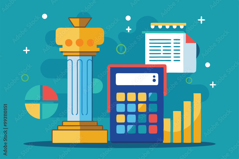 Poster a calculator sits beside a data column and colorful charts on a bright, organized workspace, data co