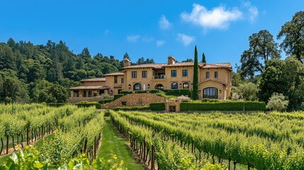 Elegant hillside mansion with sweeping views of rolling vineyards under a clear blue sky