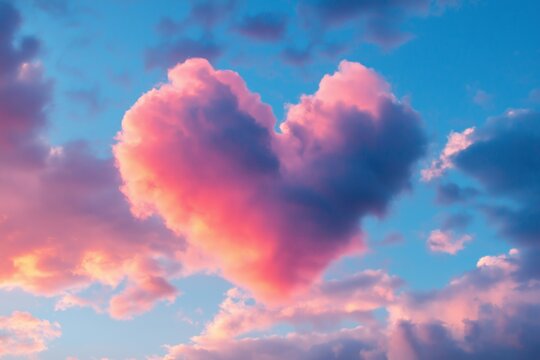 A vibrant pink heart shaped cloud glowing warmly in a sunset sky, surrounded by soft clouds