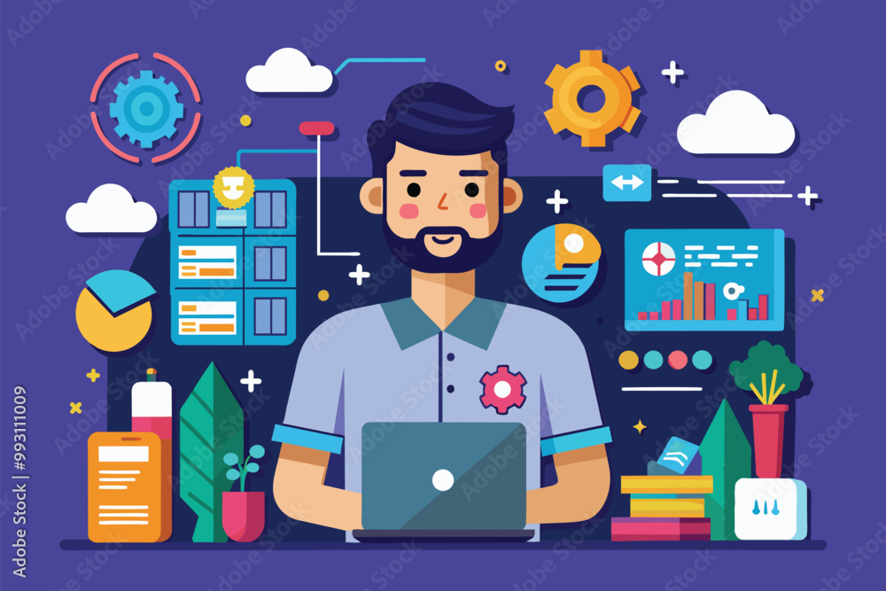 Poster a focused data engineer analyzes data and develops solutions using various tools in a modern workspa