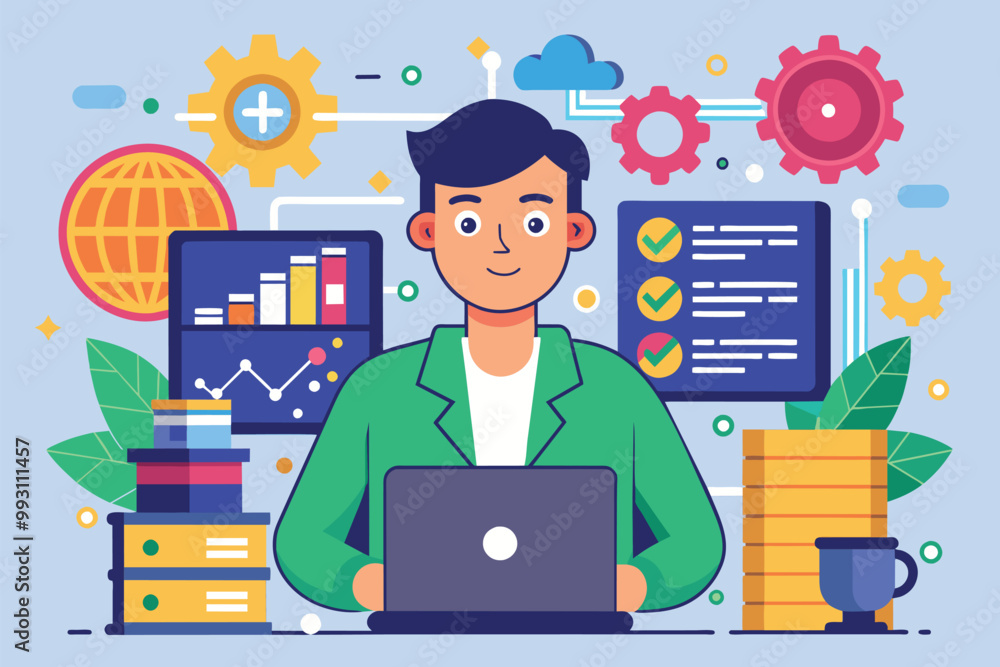 Poster a focused data engineer analyzes data using a laptop surrounded by graphs and gears in a vibrant wor