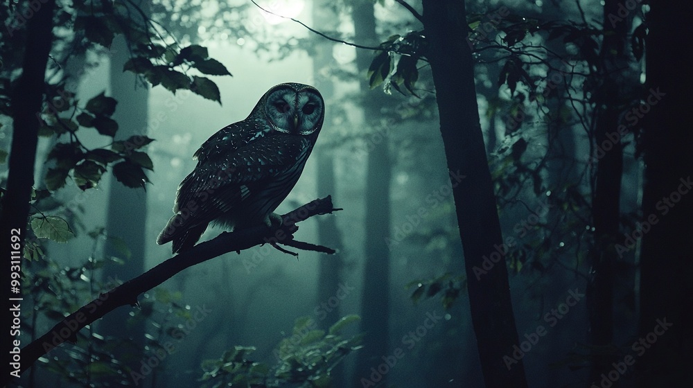 Sticker   An owl perches on a branch in a dark forest, with sunlight filtering through the trees behind it