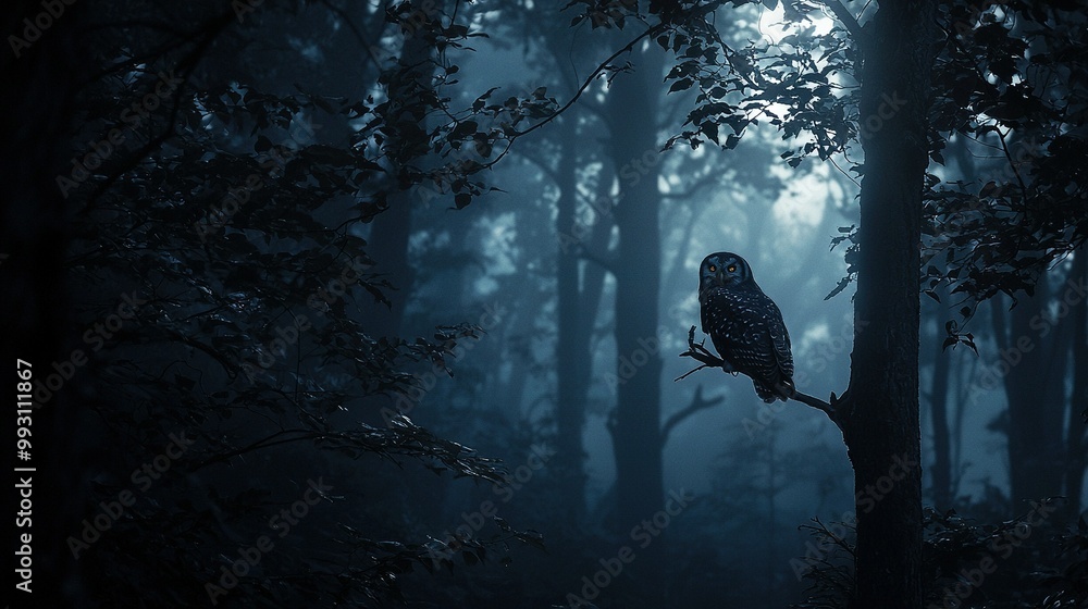 Poster owl on tree branch in dark, foggy forest with trees in foreground