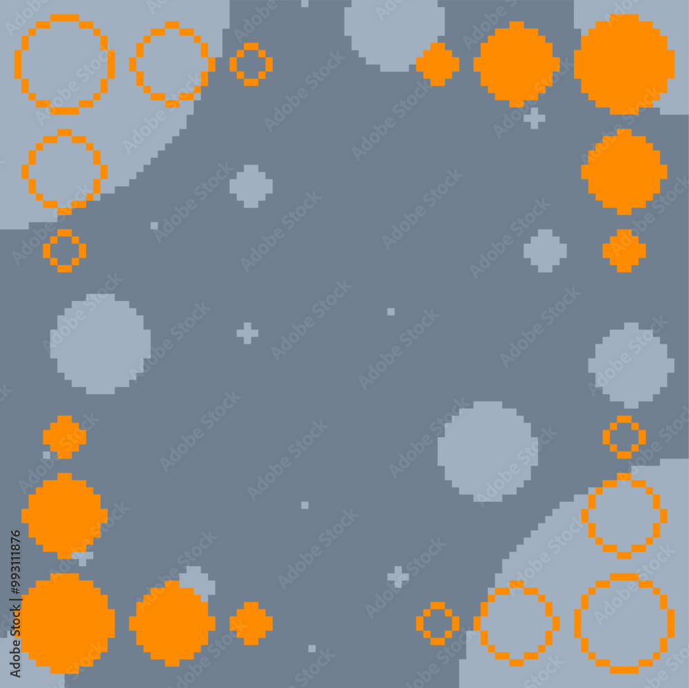 Poster abstract ash grey space bubble background with orange circle frame pixel art style
