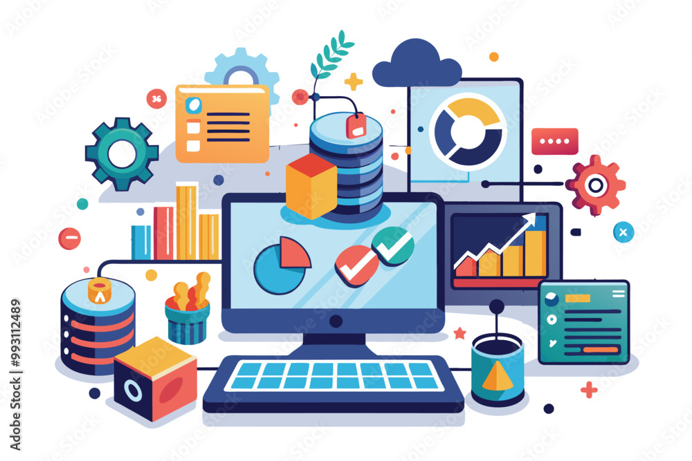 Poster a vibrant illustration showcases data input tasks and analytics in a contemporary digital workspace 