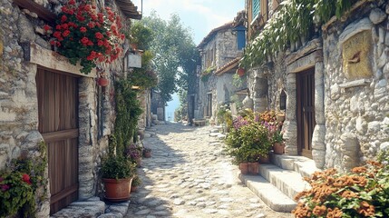 Charming Stone Village Street in Europe