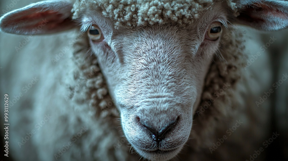 Wall mural   A close-up of a sheep's face, revealing intricate wrinkles on its ears