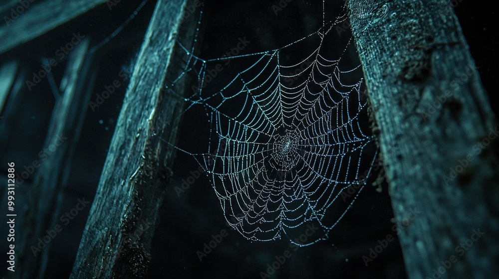 Wall mural a spider web clings to the side of a wooden structure in a dark forest, adorned with water droplets