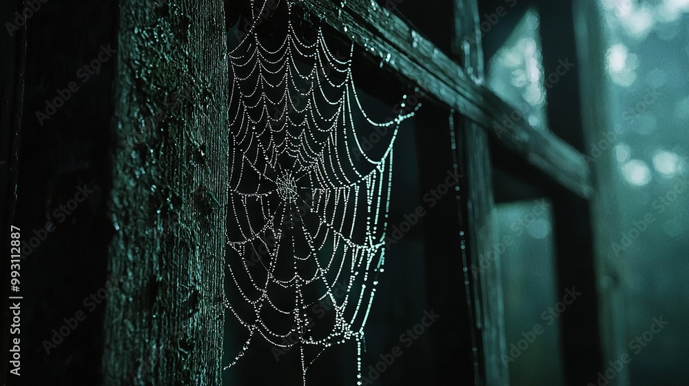 Canvas Prints a spider web dangles eerily from a window at night