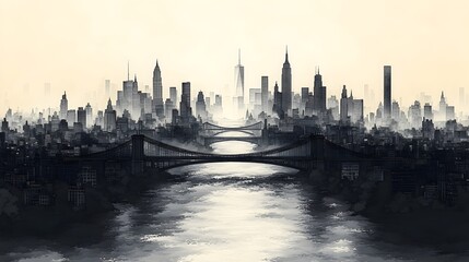 Fototapeta premium Majestic Silhouetted Skyline of a Towering Metropolis with Iconic Architecture and Bridges