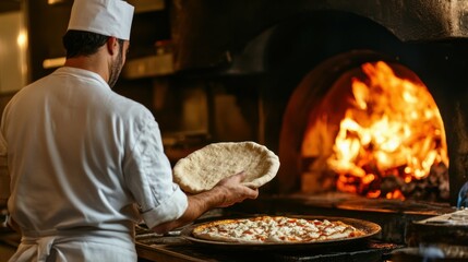 Chef Tossing Pizza Dough Near Wood Fired Oven