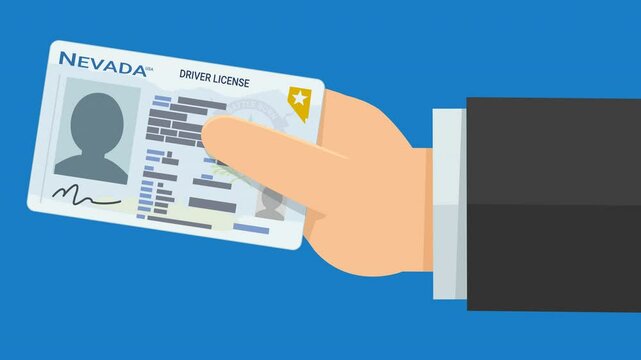 A hand presents a driver's license from the US state of Nevada from the right on blue background (flat design)