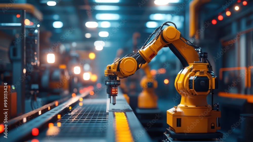 Aufkleber precision robotics in manufacturing: industrial robot arms with safety barriers and warning lights i