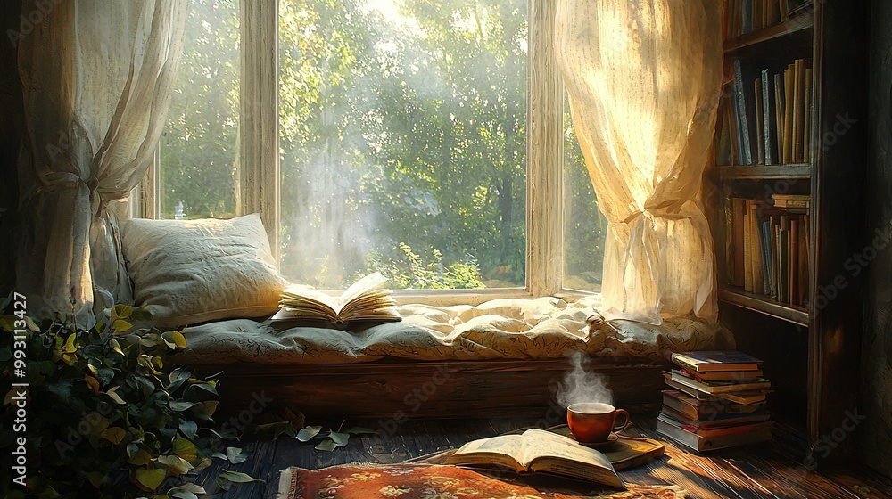 Poster an open book rests on a windowsill near a bookshelf and a steaming cup of coffee
