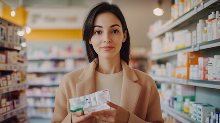 Young woman holding medication in a pharmacy aisle while exploring options during daylight hours