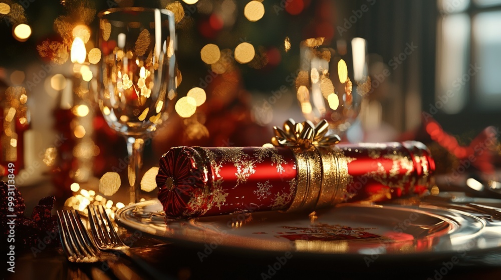Poster close-up of plate with christmas cracker and tree in background