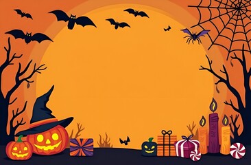 Frame with space for text in the middle for halloween, orange background, black spiders web bats hat candy candles, pumpkin witch