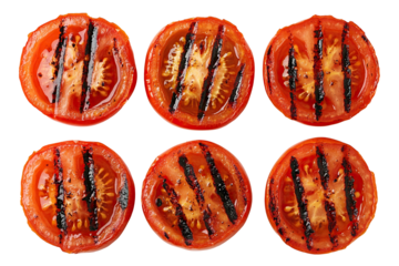 Set of grilled tomato slices with char marks, isolated on transparent cutout background