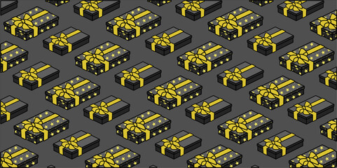 Black Christmas gift box with yellow seamless ribbon pattern, dark background. Christmas motif wallpaper illustration for marketing and advertising, gifts, greeting cards. Vector illustration