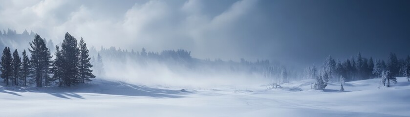 Serene Winter Landscape with Snow-Covered Trees and Misty Horizon Under a Cloudy Sky