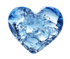 Transparent blue ice heart with frozen details, isolated on transparent cutout background