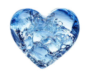 Transparent blue ice heart with frozen details, isolated on transparent cutout background
