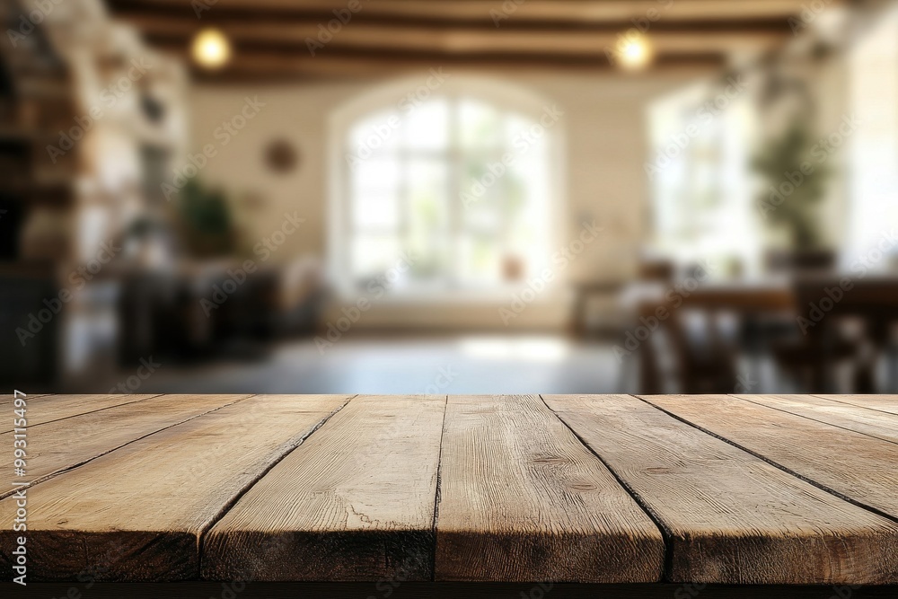 Poster bare wooden table surface with a hazy interior setting of a living space