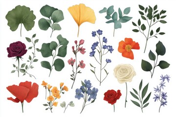 Obraz premium Artistic depiction featuring ginkgo foliage, eucalyptus twigs, cosmos blossoms, rose flowers, bougainvillea creepers, olive shoots, and bluebell blooms