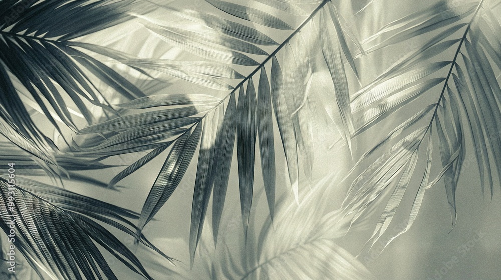 Poster a stunning black-and-white image of palm tree leaves illuminated by the sun's rays filtering through