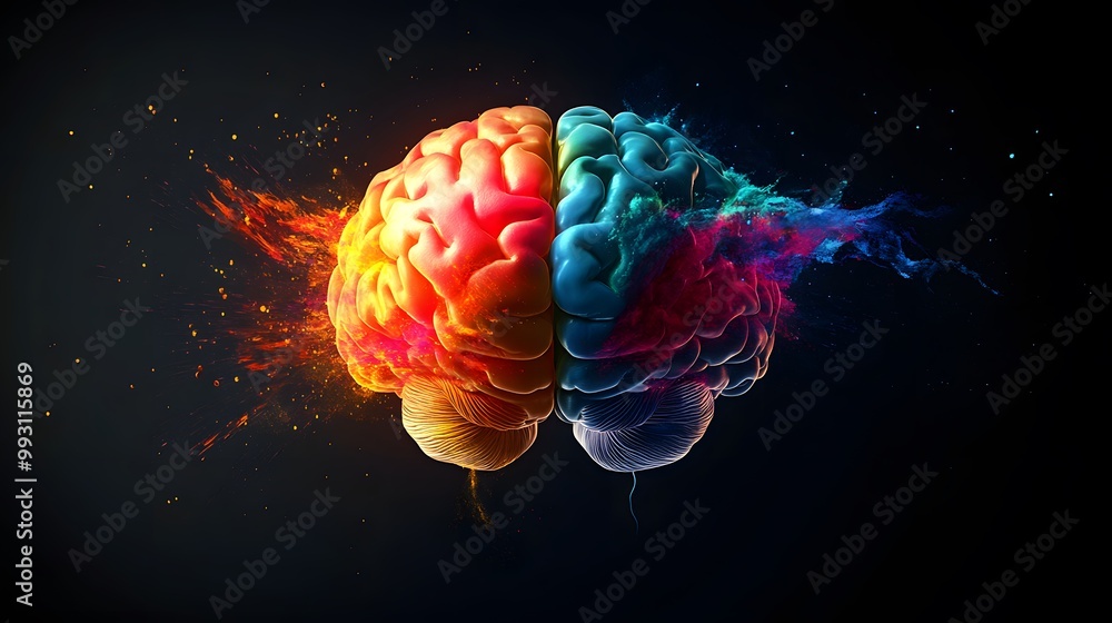 Poster colorful brain with exploding paint splashes