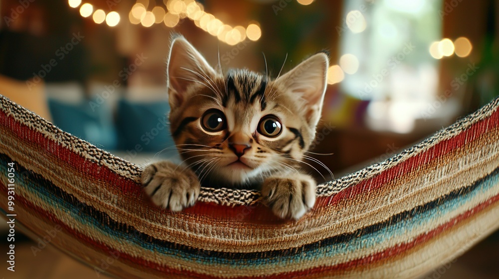 Poster a kitten lounging in a hammock with its paws resting on the edge, capturing your gaze