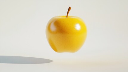   An apple is perched on a white table with a person's shadow nearby