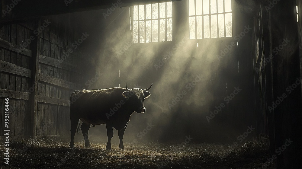 Poster a monochromatic image of a cow in a barn with rays of sunlight piercing through the window openings 