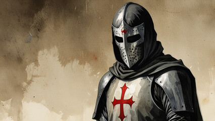 Naklejka premium A Knight in Full Armor with a Red Cloak and Sword in a Forest. High quality photo