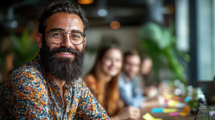 Obraz premium A cheerful man with a beard and glasses participates in a brainstorming session, engaging with a group in a vibrant workspace