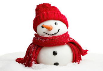 Smiling snowman in red hat and scarf, standing in snow, isolated on transparent cutout background