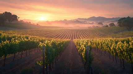 Fototapeta premium The sun is setting over vineyards in Napa Valley, California