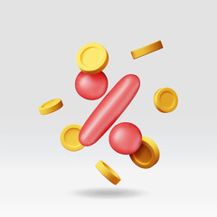 3D percent sign red balloon icon with coins. Render money, finance or business concept. Percentage, sale, discount, promotion and shopping symbol. Offer price tag, coupon bonus. Vector illustration